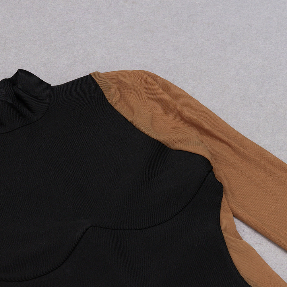 Long Sleeve Mesh Insert Midi Dress V8992