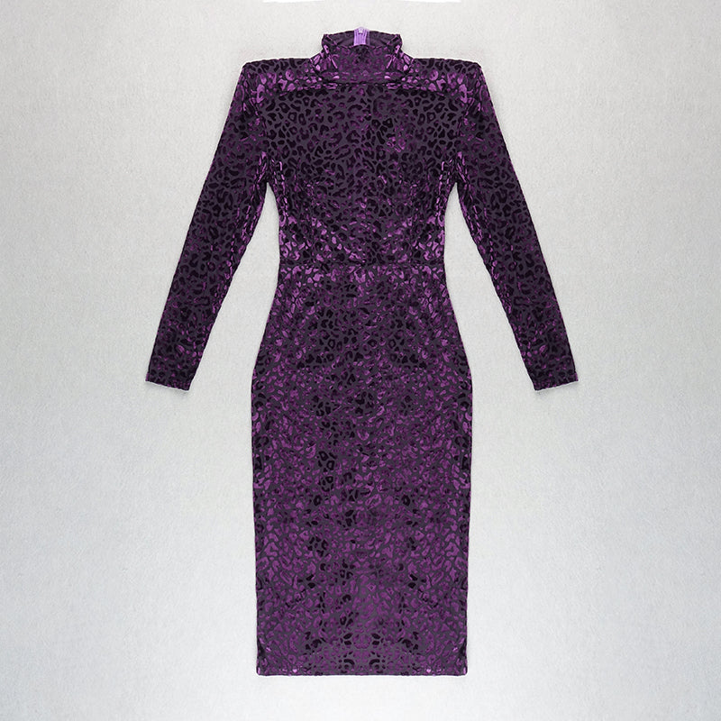 Long Sleeve Animal Print Midi Velvet Dress HV7605