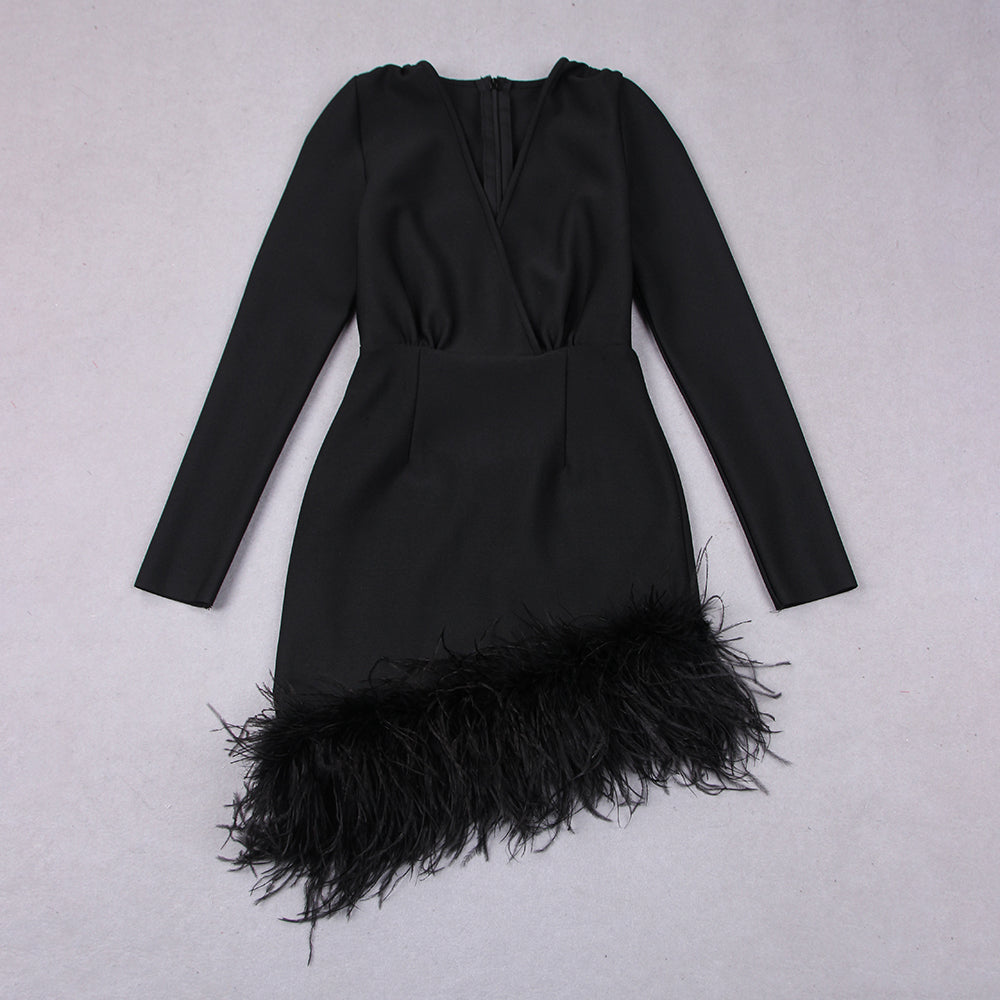 Long Sleeve Feather Hem Dress Red HV9038