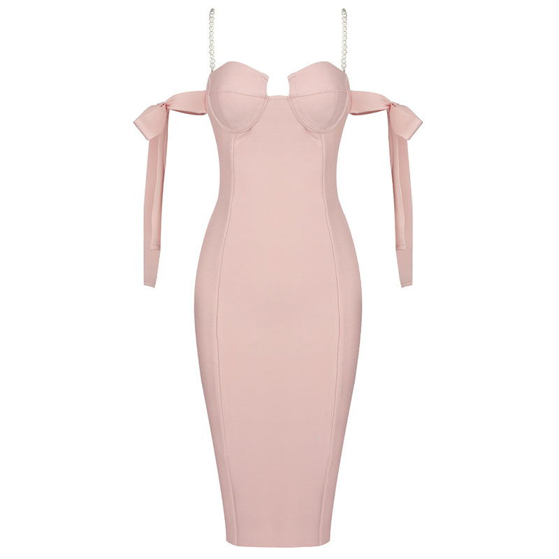 Pearl Strap Bardot Bustier Midi Dress HV6523