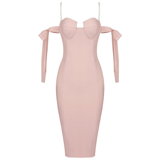 Pearl Strap Bardot Bustier Midi Dress  HV6523