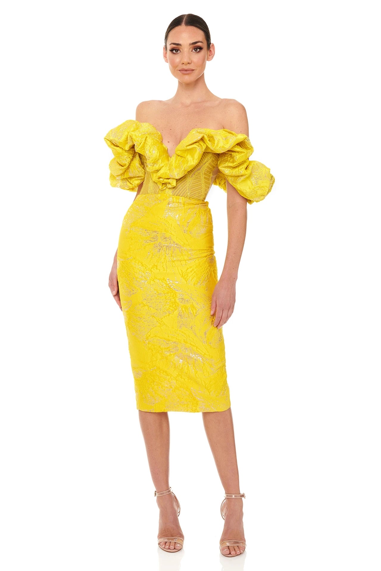 Puff Off Shoulder Corset Sparkly Midi Dress HV8489