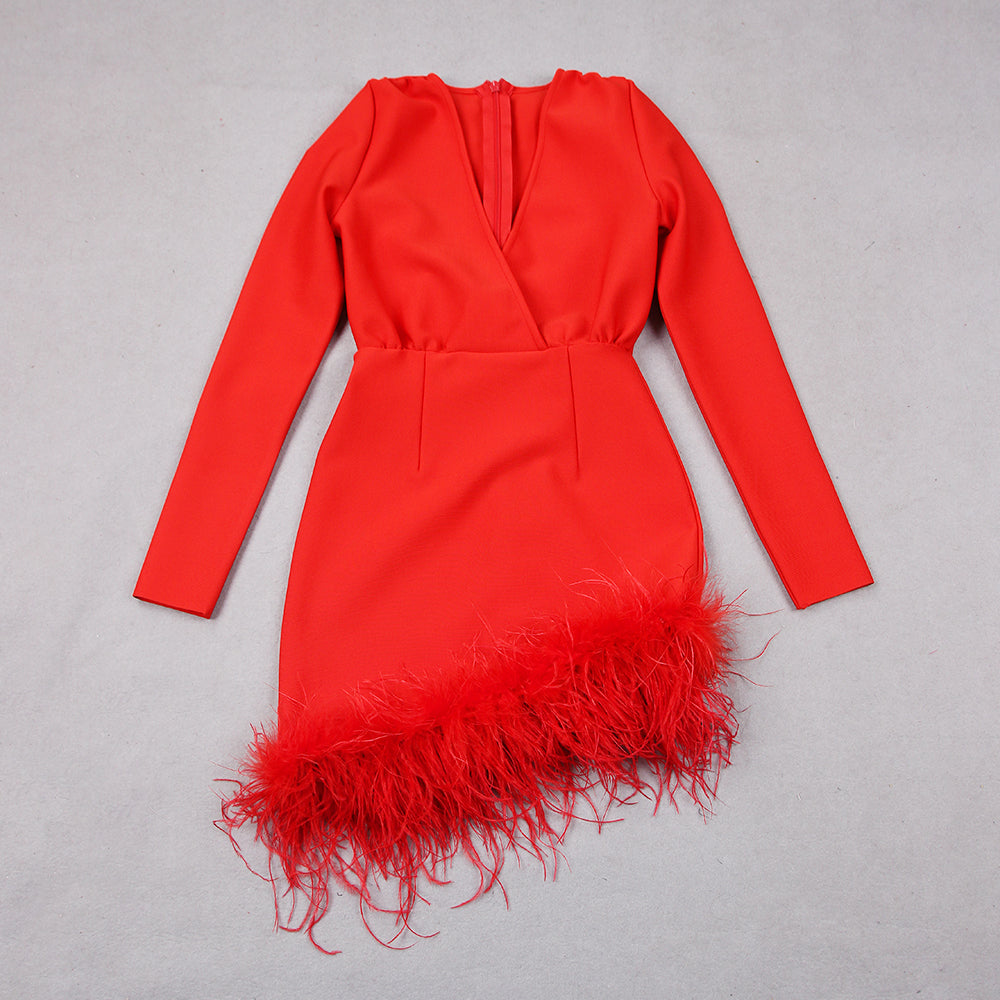 Long Sleeve Feather Hem Dress Red HV9038