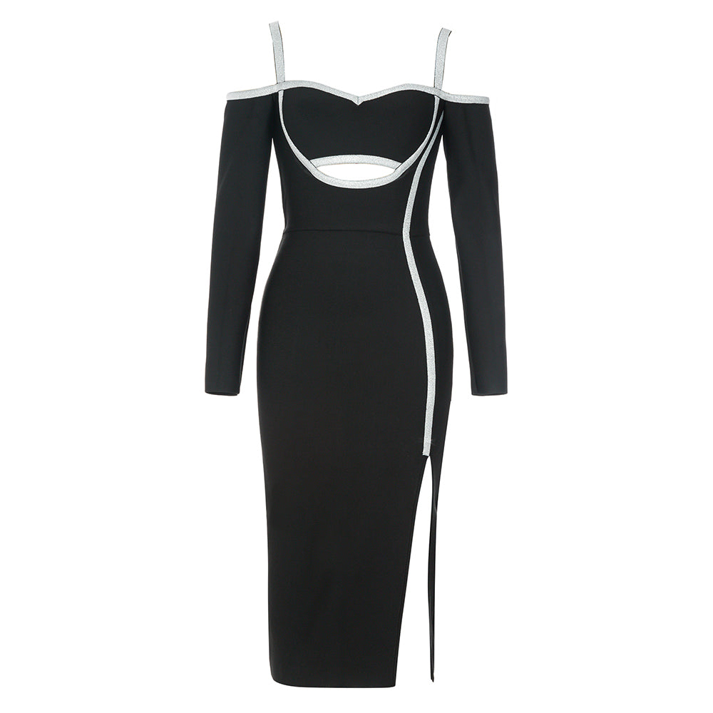Long Sleeve Silver Trim Midi Dress Black HV9009