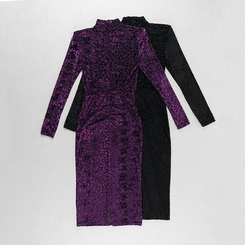Long Sleeve Animal Print Midi Velvet Dress HV7605