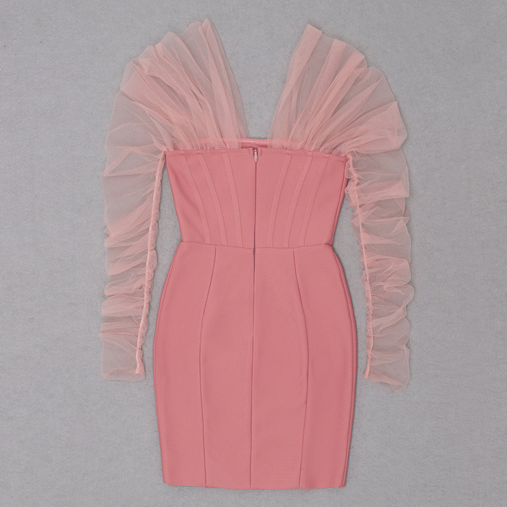 Draped Mesh Long Sleeve Structured Dress HV8650