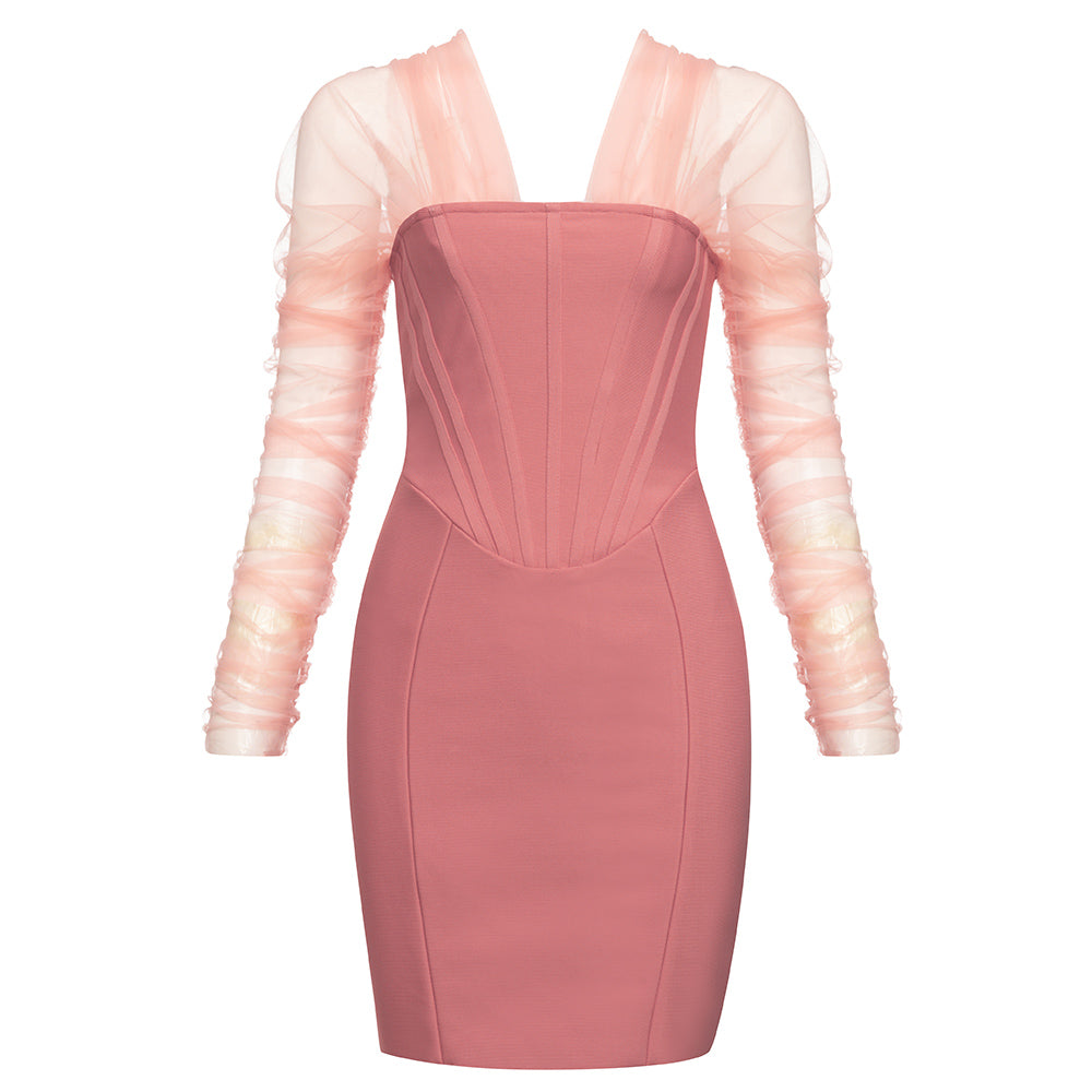 Draped Mesh Long Sleeve Structured Dress HV8650