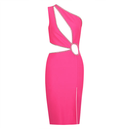 One Shoulder Rhinestone Trim Dress