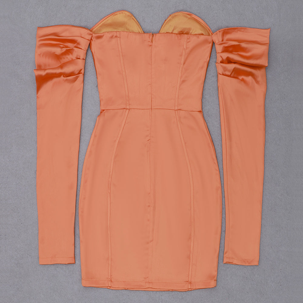 Long Sleeve Bardot Satin Dress Rust Orange HV8007