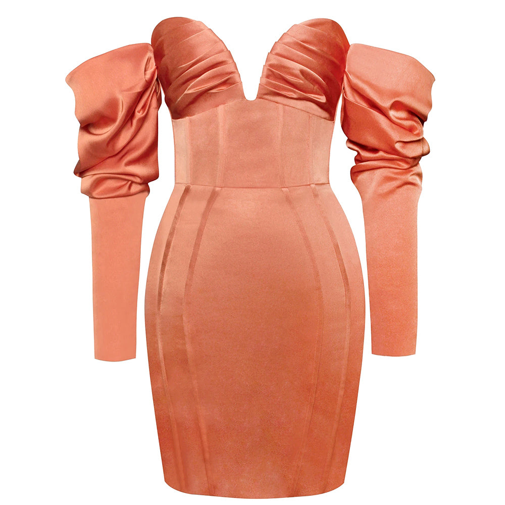 Long Sleeve Bardot Satin Dress Rust Orange HV8007