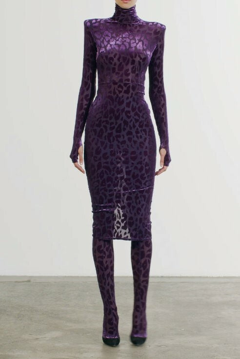 Long Sleeve Animal Print Midi Velvet Dress HV7605