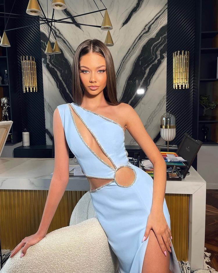 One Shoulder Rhinestone Trim Dress