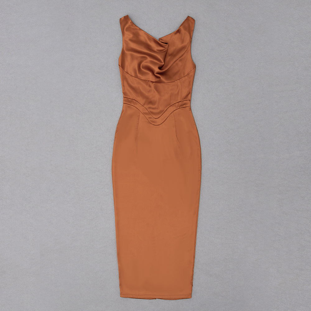 Draped Midi Silk Dress Copper Brown HV8599
