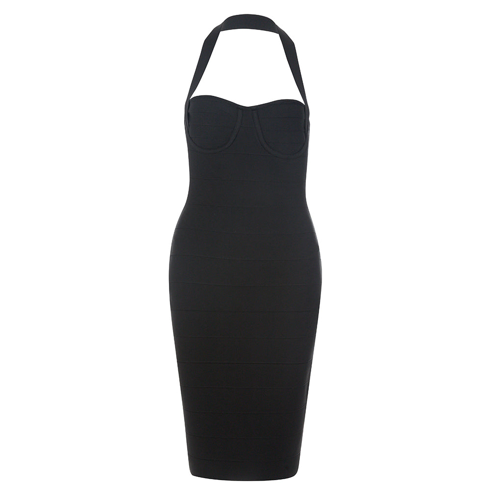 Halter Ribbed Bustier Midi Dress HV8719