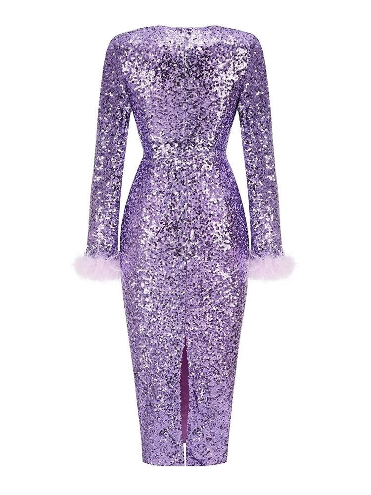 Long Sleeve Feather Sequin Midi Dress HV8915