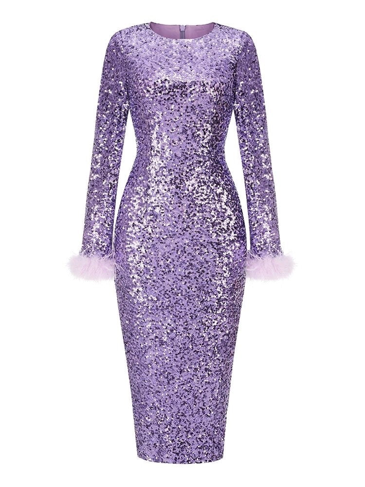 Long Sleeve Feather Sequin Midi Dress HV8915