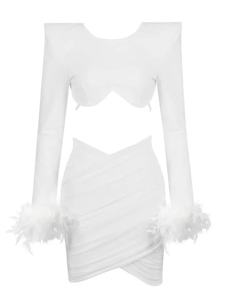 Long Sleeve Feather Draped Two Piece Dress HV9228