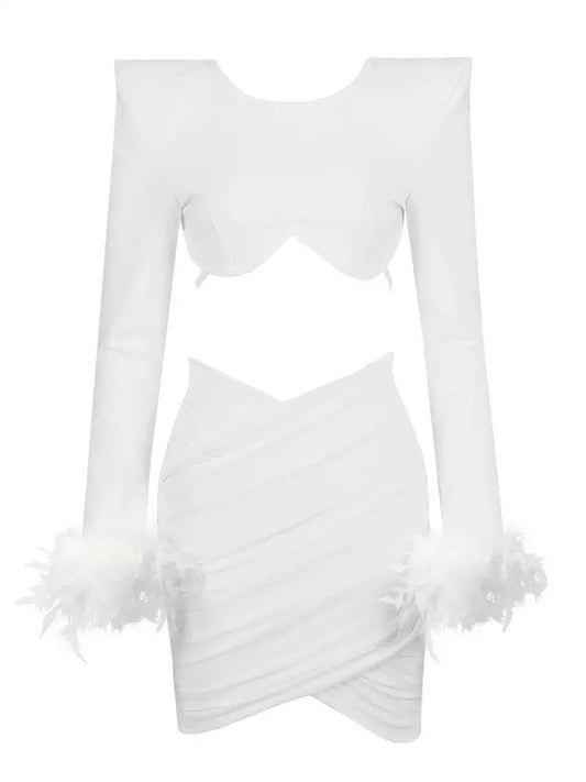 Long Sleeve Feather Draped Two Piece Dress HV9228
