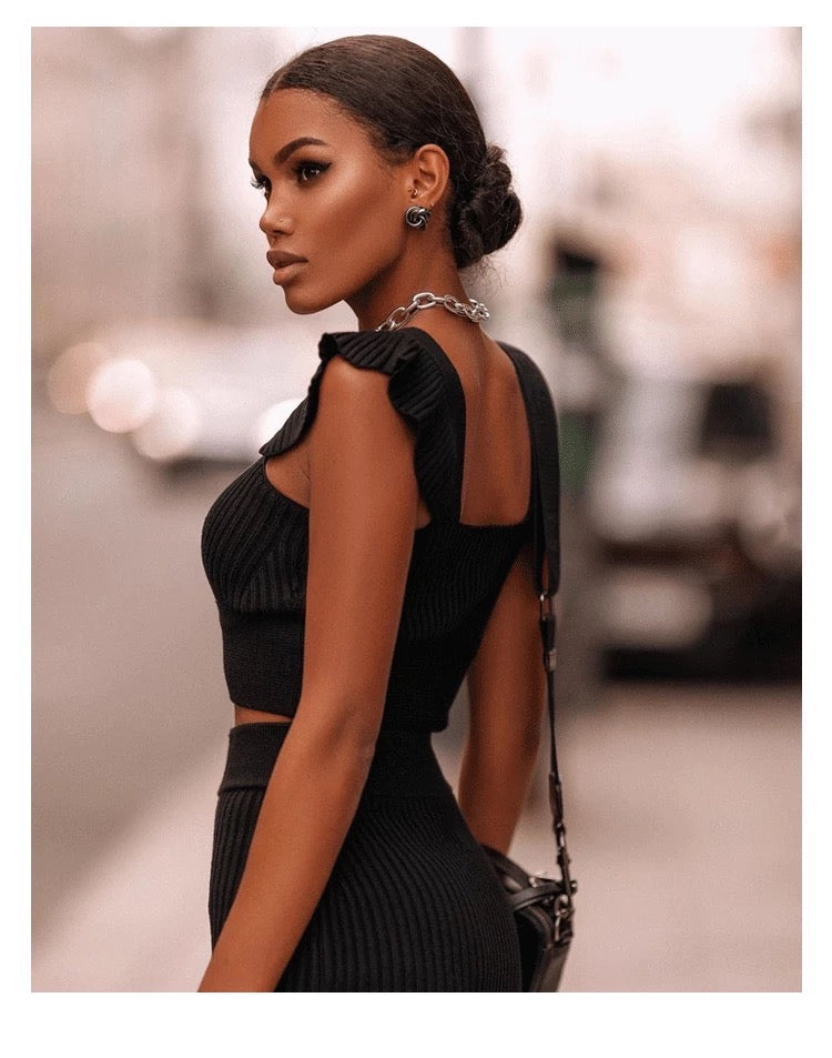 Ruffle Ribbed Two Piece Midi Dress HV9055