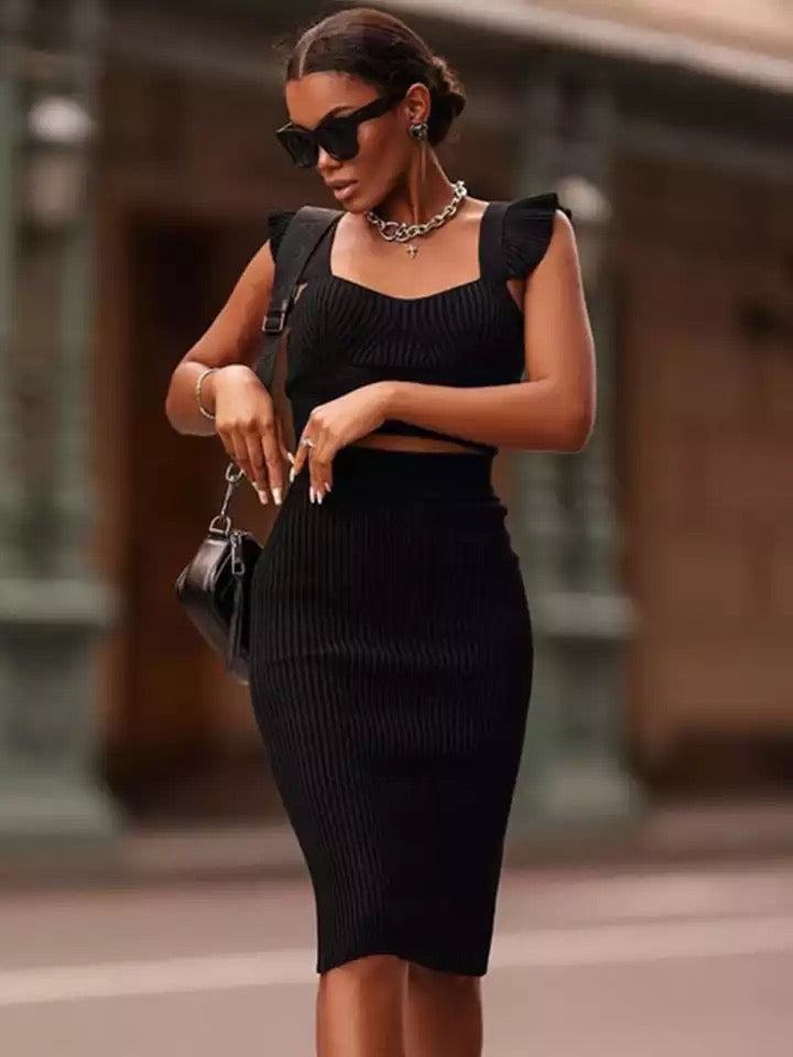 Ruffle Ribbed Two Piece Midi Dress HV9055