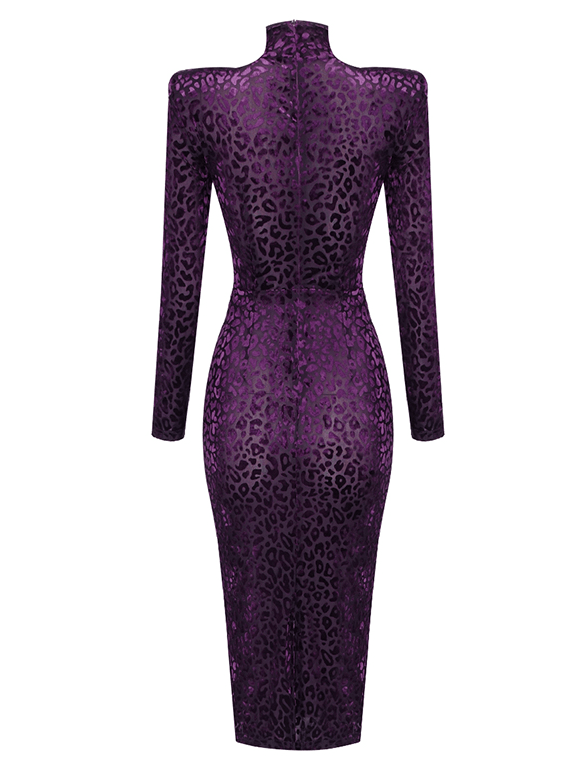 Long Sleeve Animal Print Midi Velvet Dress HV7605