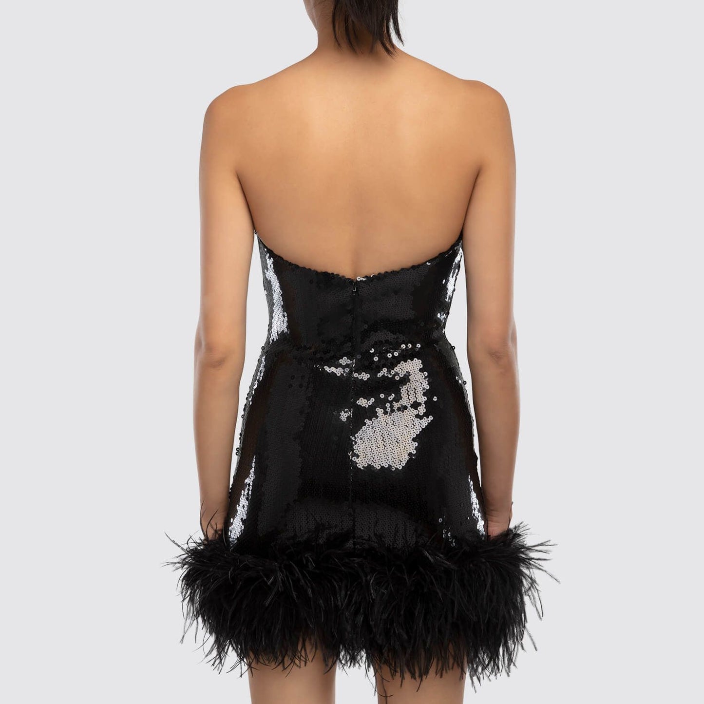One Sleeve Sequin Feather Dress Black HV9078