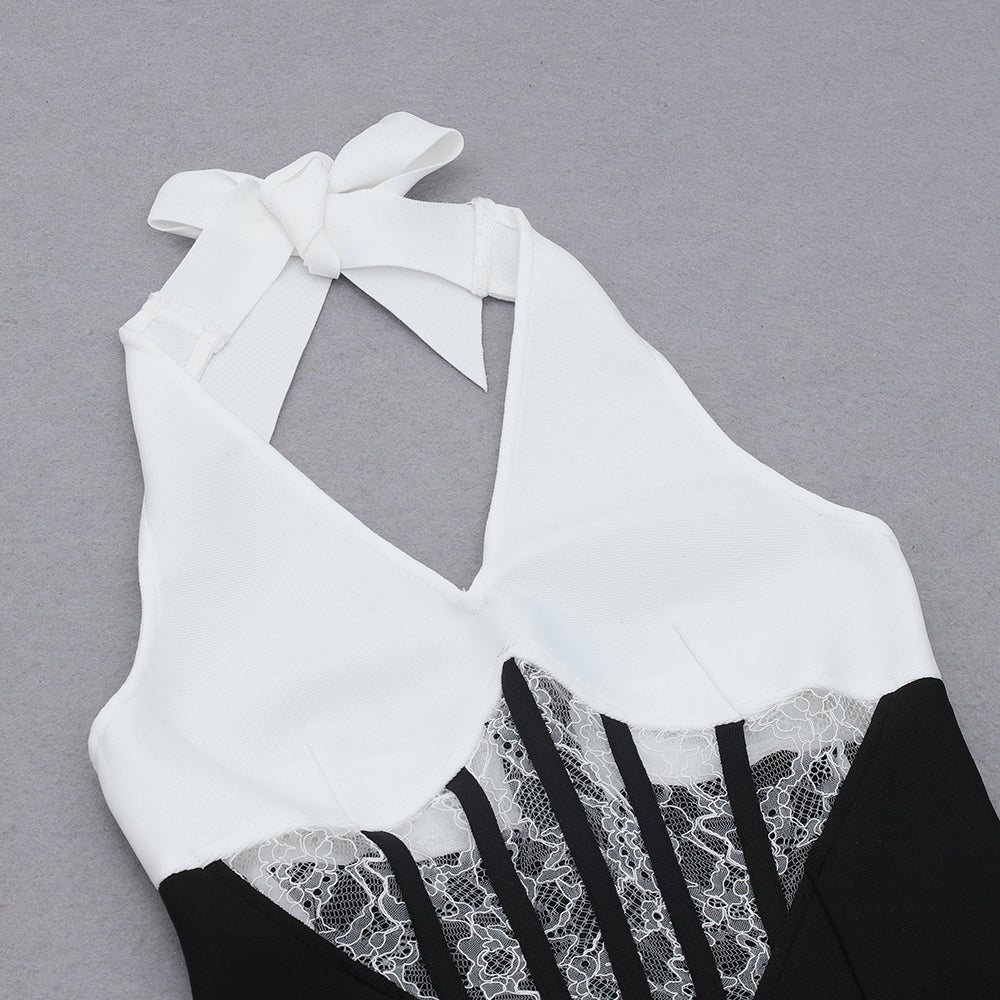 Halter Lace Insert Corset Midi Dress Black White HV8205