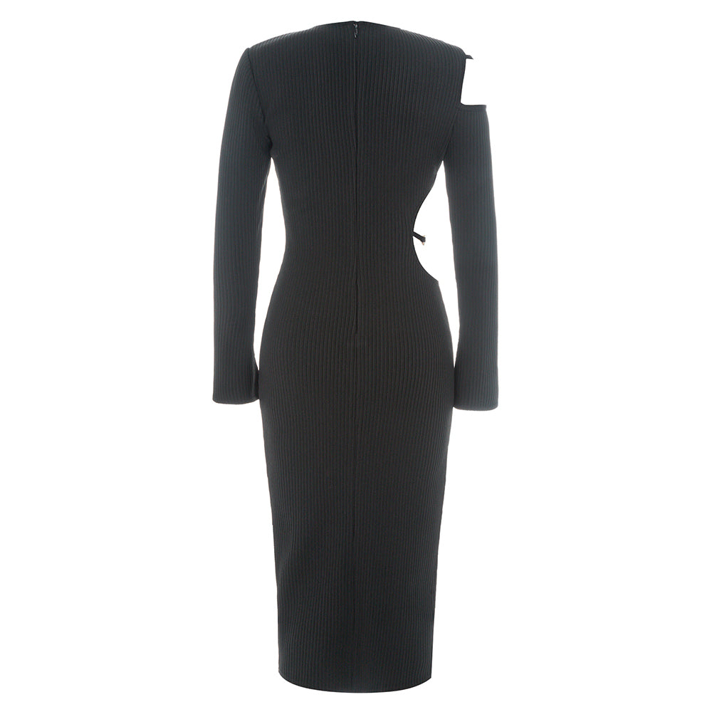 Long Sleeve Strappy Ribbed Midi Dress HV9010