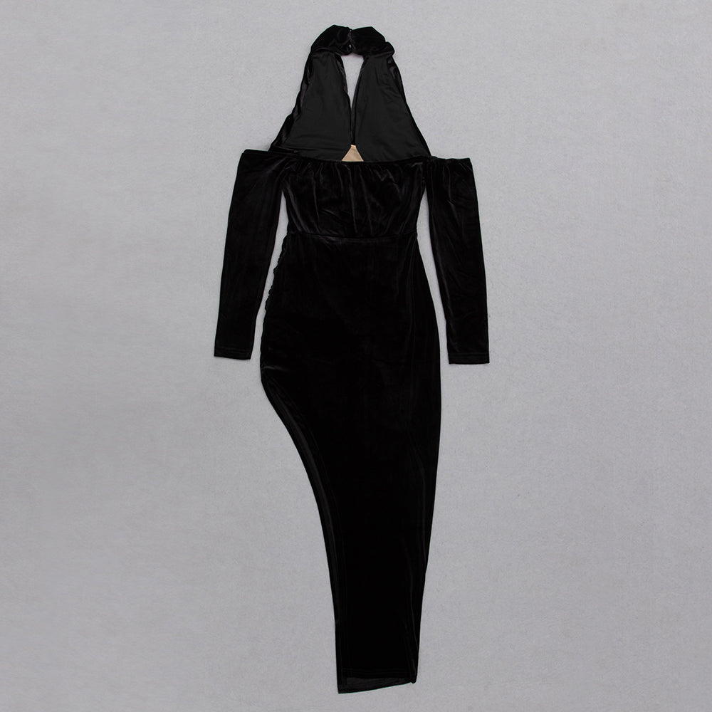 Long Sleeve Halter Midi Velvet Dress HV8969