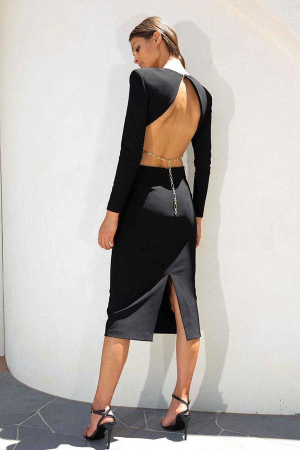Long Sleeve Backless Chain Midi Dress HV7850