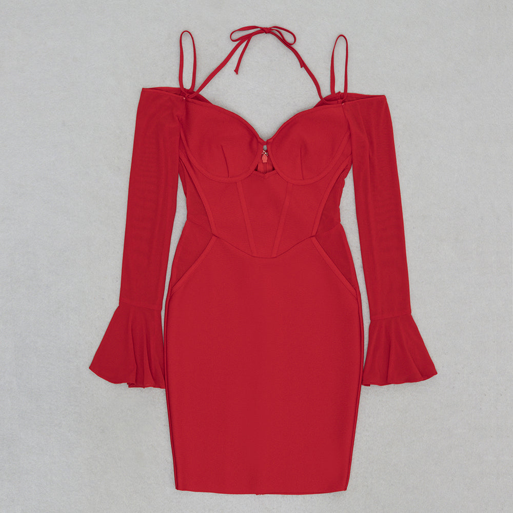 Long Sleeve Feather Draped Two Piece Dress