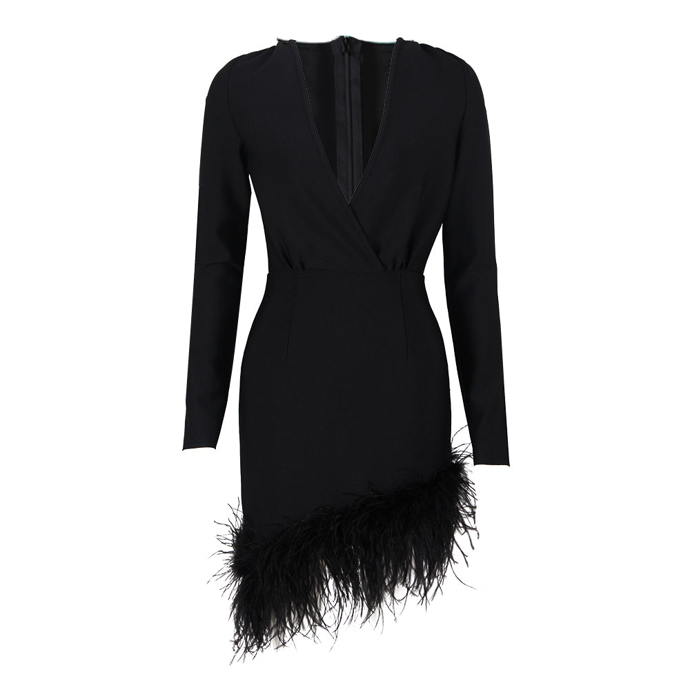 Long Sleeve Feather Hem Dress Red HV9038