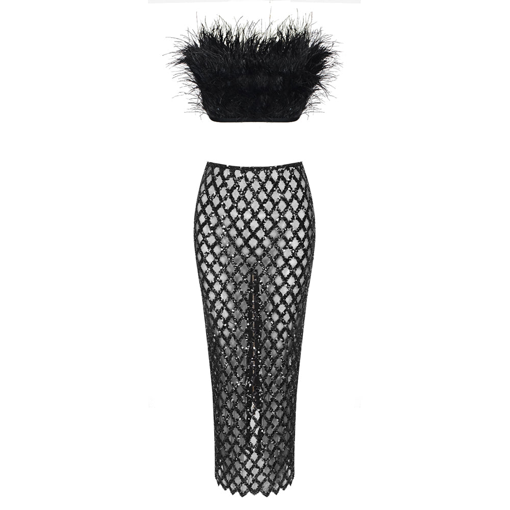 Strapless Feather Maxi Two Piece Dress HV8893