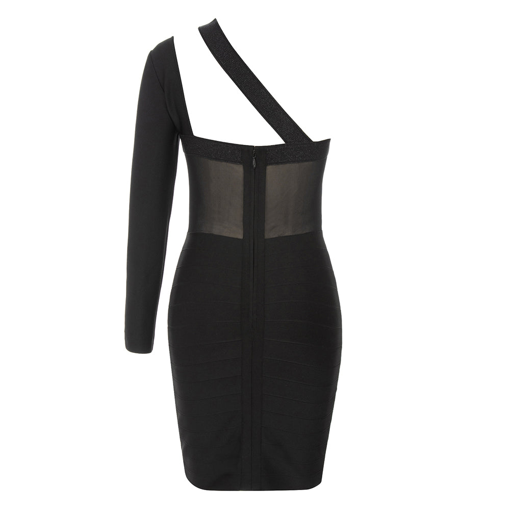 One Sleeve Mesh Insert Dress Black V9011
