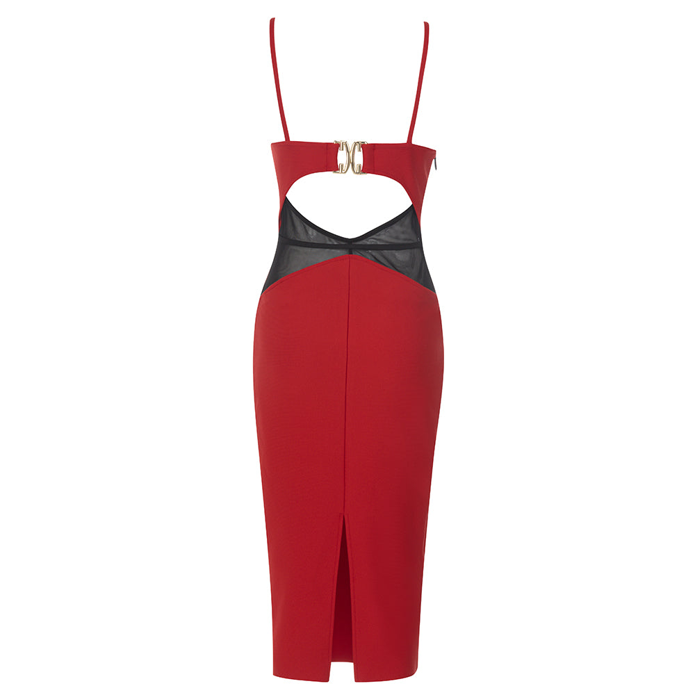 Mesh Insert Cut Out Midi Dress Red Black HV8716