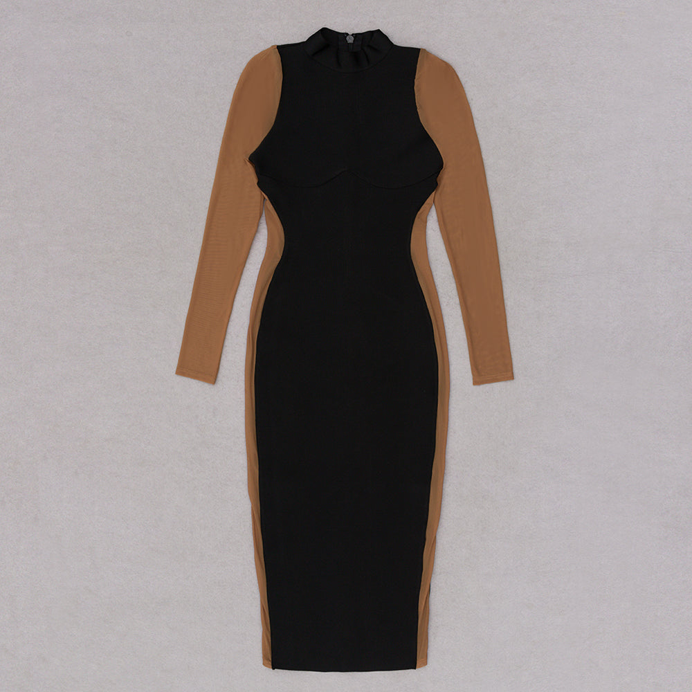 Long Sleeve Mesh Insert Midi Dress V8992