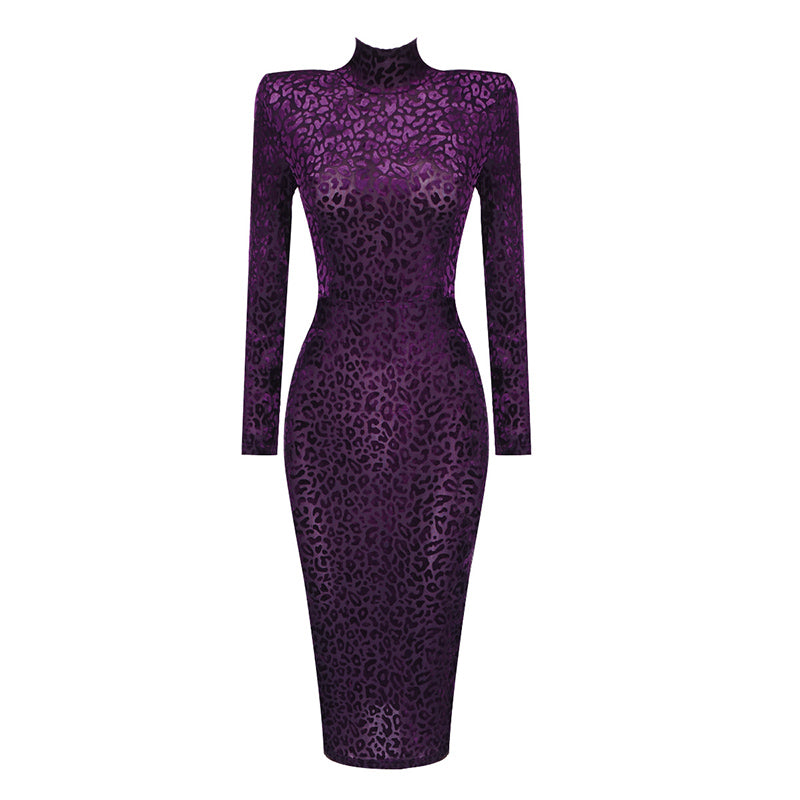 Long Sleeve Animal Print Midi Velvet Dress HV7605