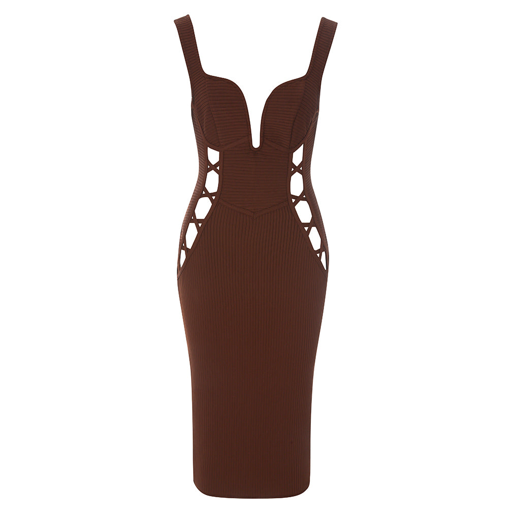 Bustier Cut Out Ribbed Midi Dress HV8808