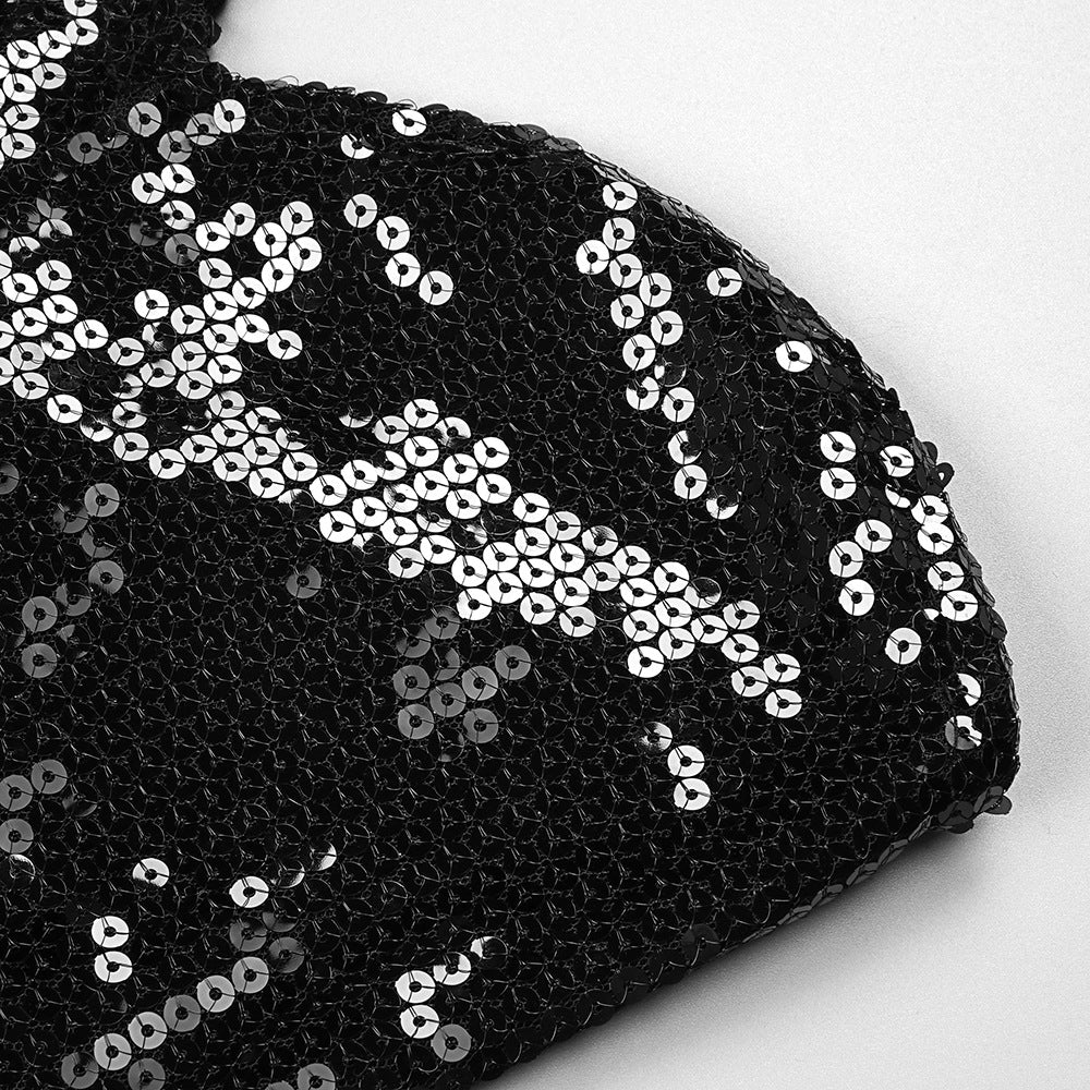 One Sleeve Sequin Feather Dress Black HV9078