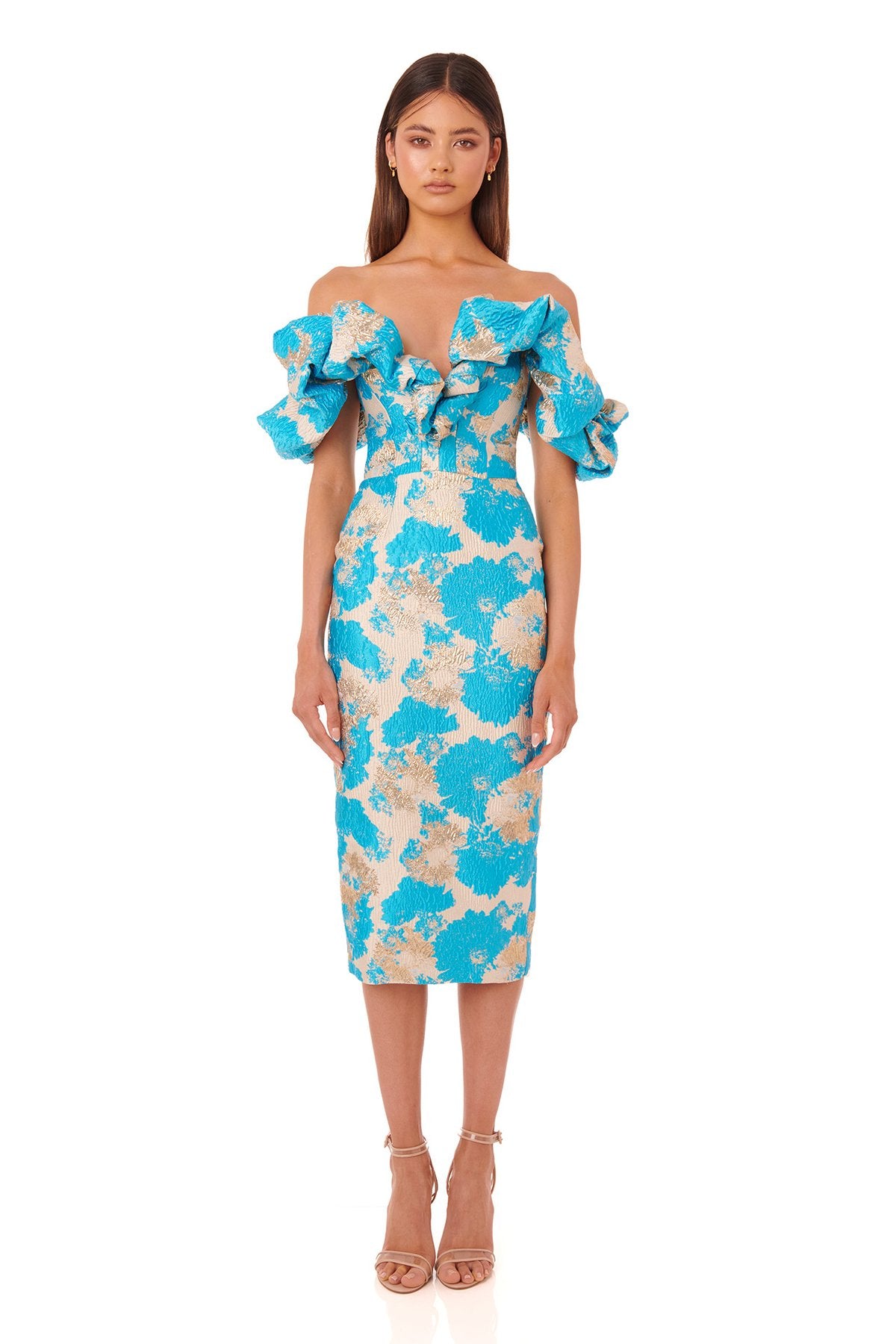 Puff Off The Shoulder Midi Dress Blue HV8487
