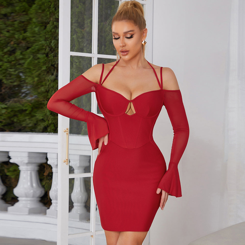 Long Sleeve Feather Draped Two Piece Dress