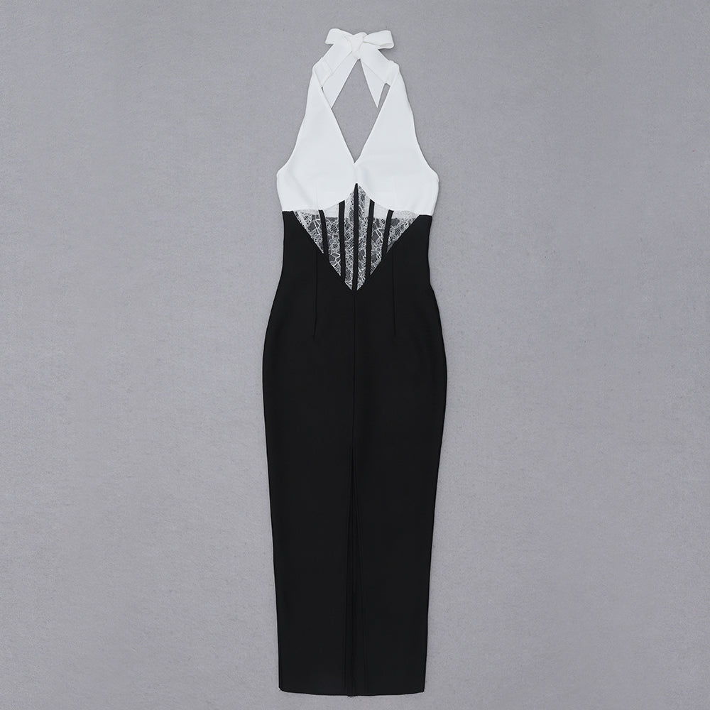 Halter Lace Insert Corset Midi Dress Black White HV8205