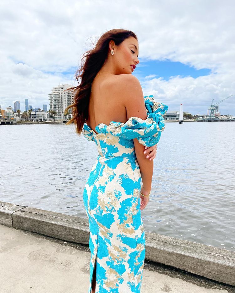 Puff Off The Shoulder Midi Dress Blue HV8487