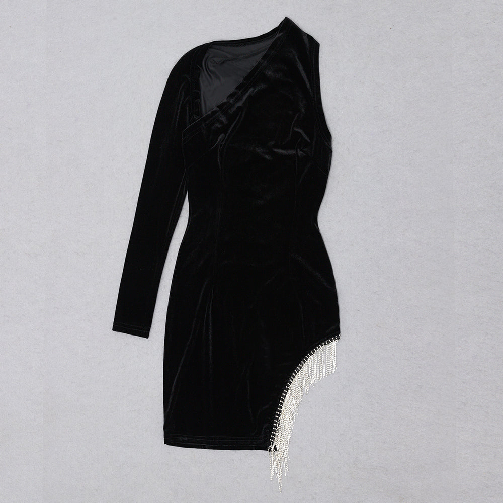 One Sleeve Rhinestone Tassel Velvet Dress V8564