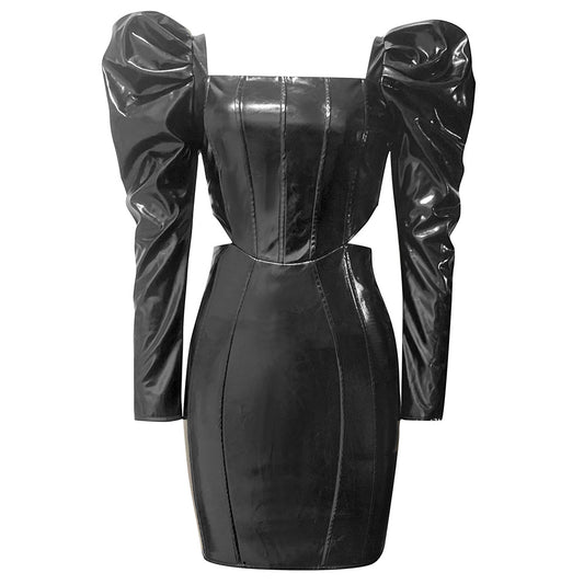 Puff Long Sleeve Faux Leather Dress HV9068