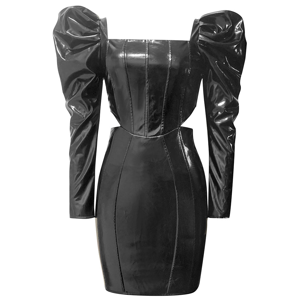 Puff Long Sleeve Faux Leather Dress HV9068