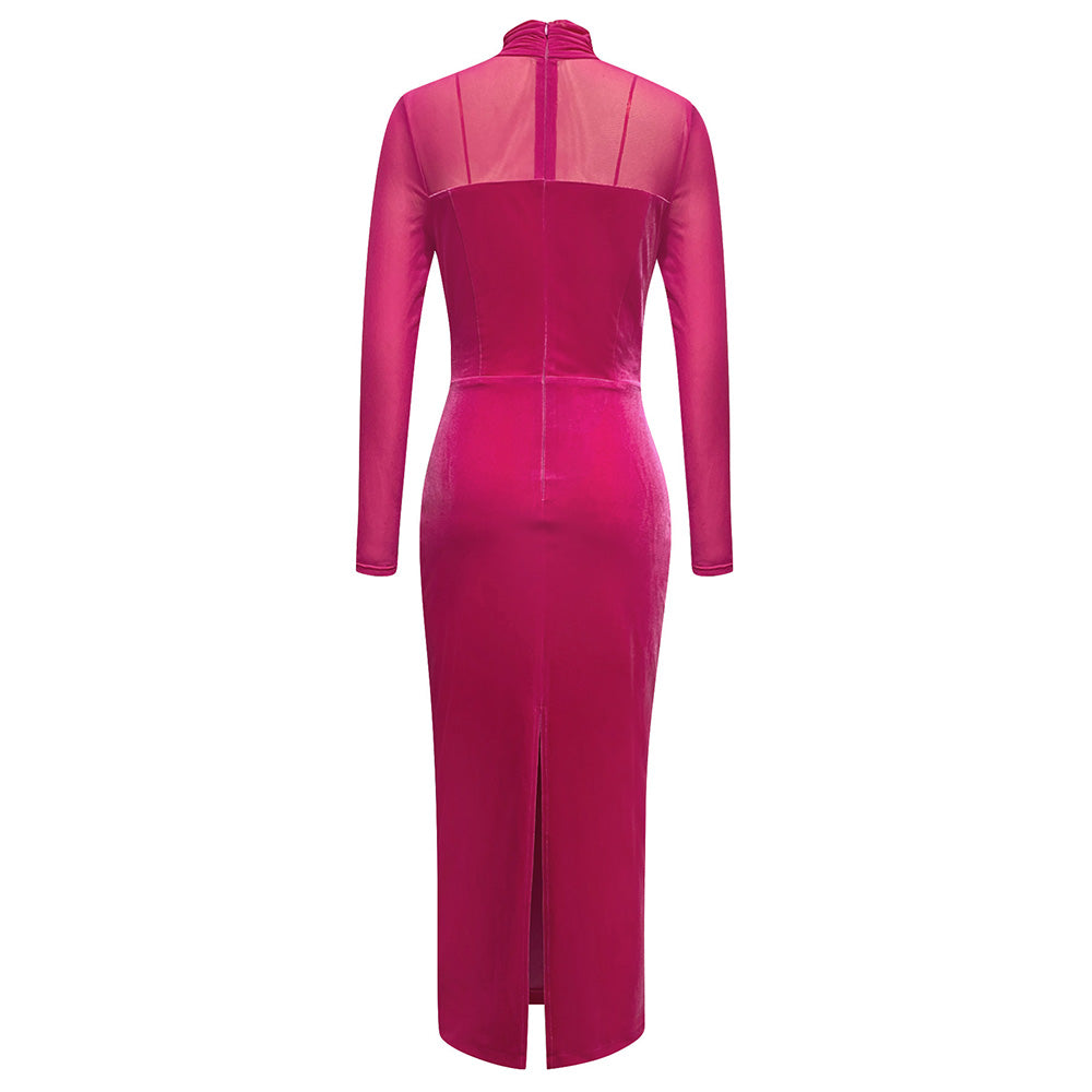 Mesh Long Sleeve Midi Velvet Dress HV9005
