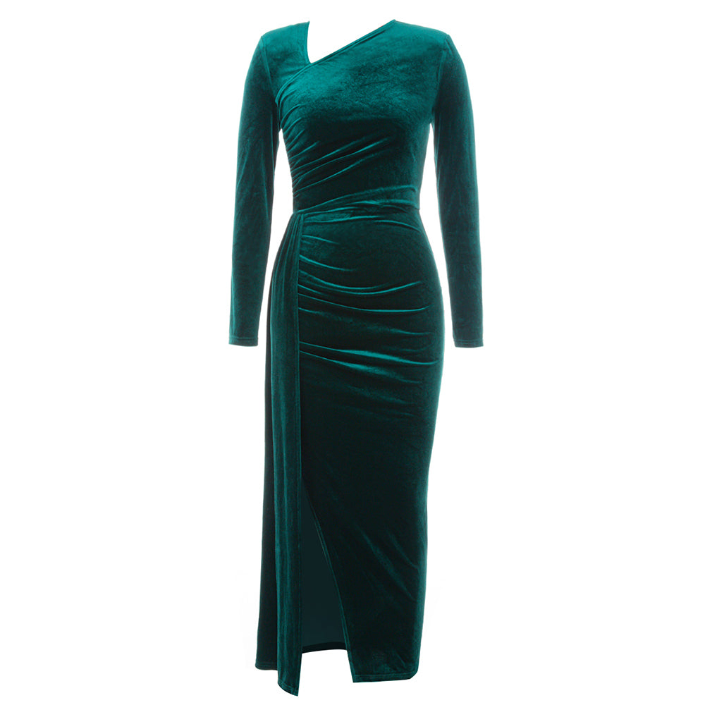Long Sleeve Draped Midi Velvet Dress HV8990