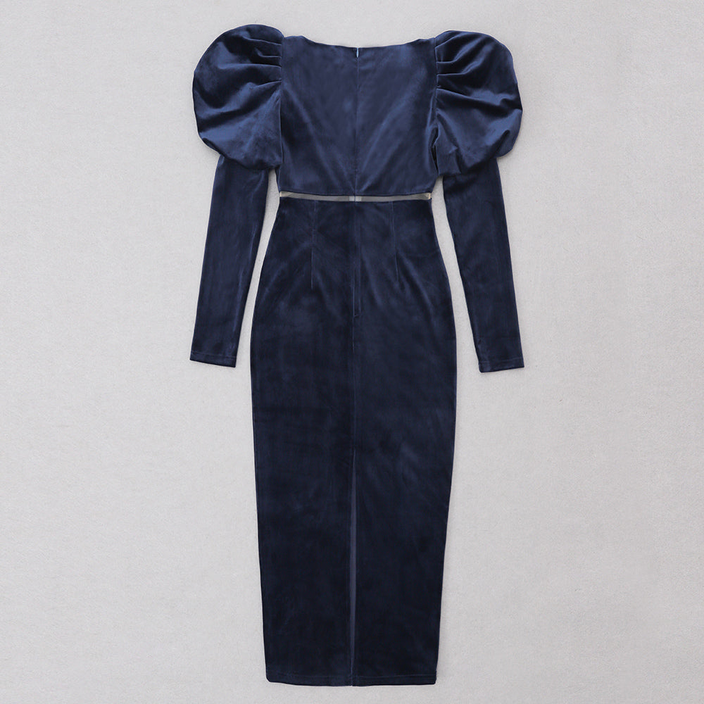 Puff Long Sleeve Mesh Midi Velvet Dress