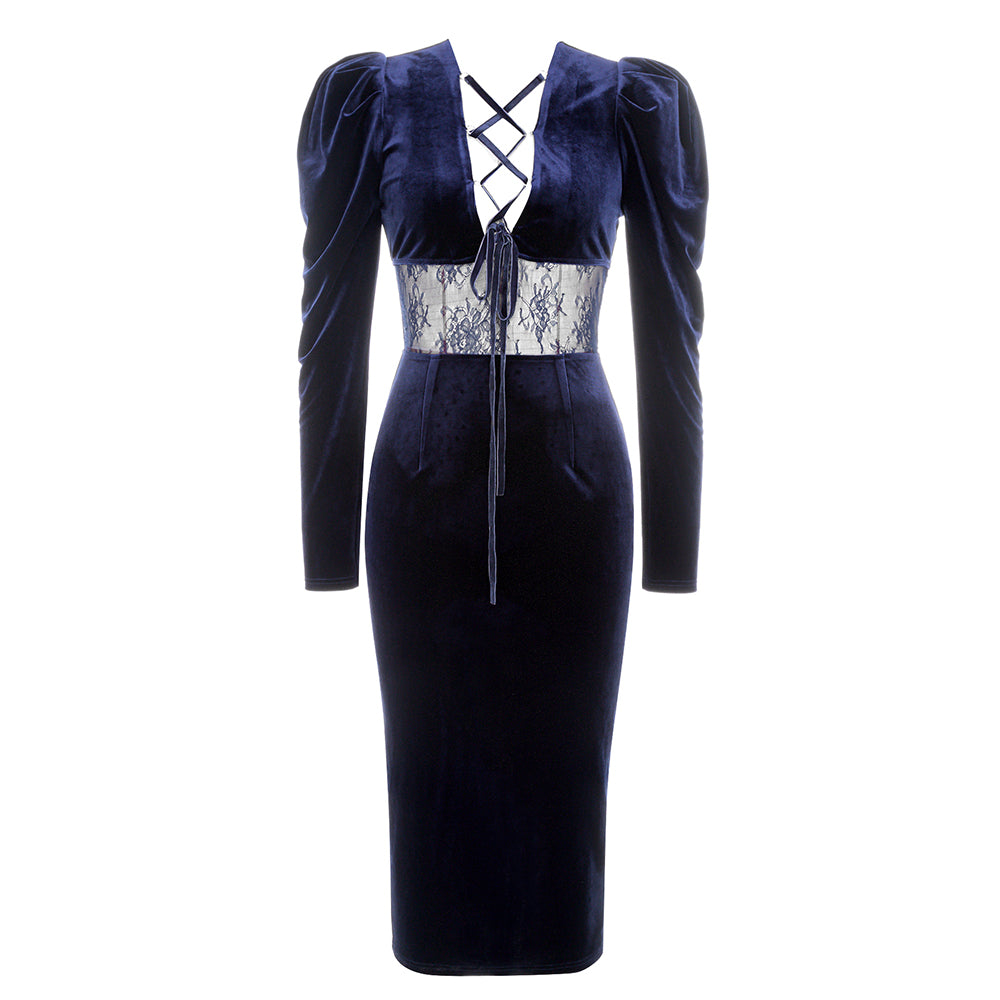 Long Sleeve Lace Insert Midi Velvet Dress V9008